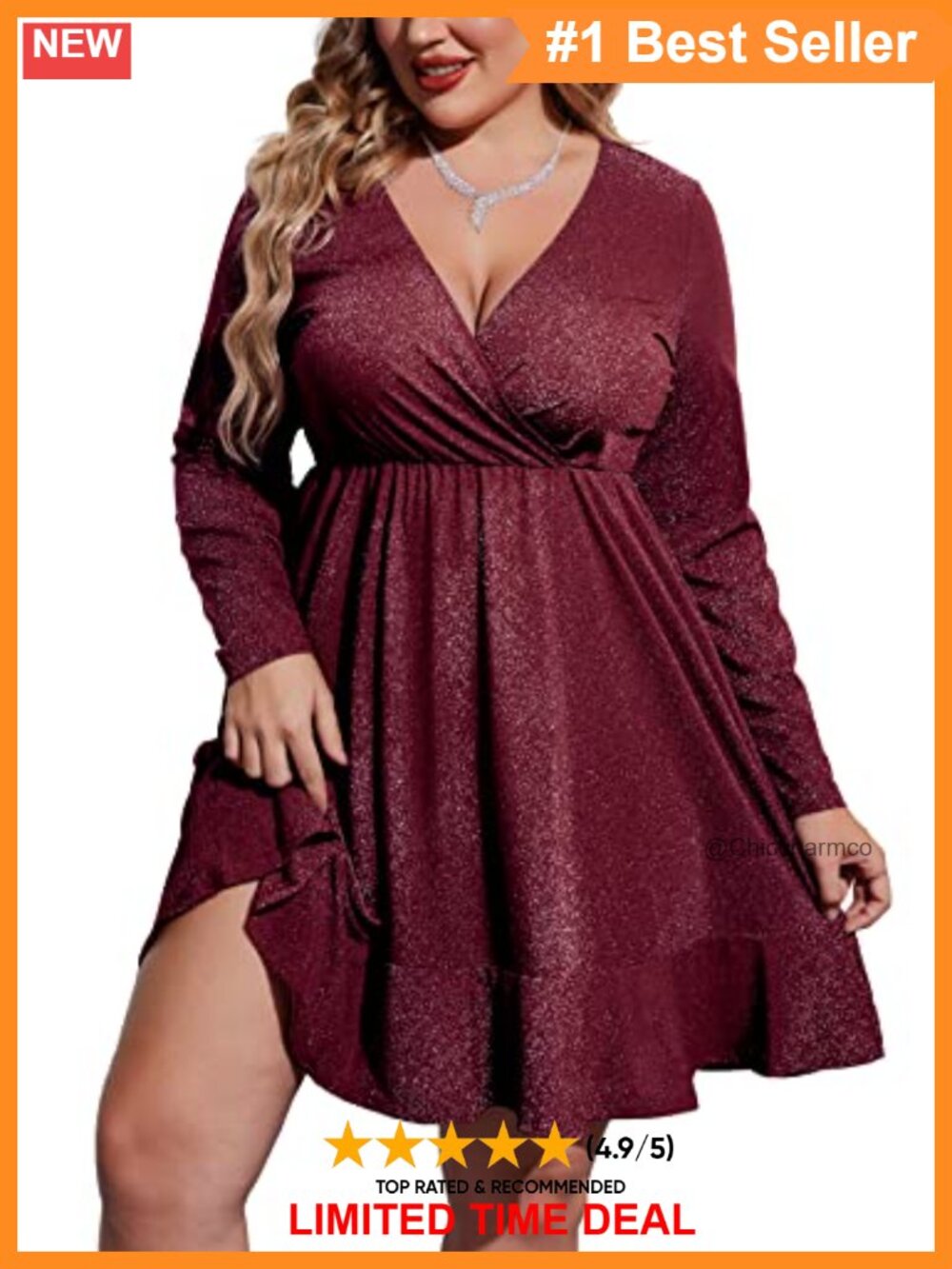 Plus Size Glitter Cocktail Dress VNeck Long Sleeve Ruffle Hem Fit Flare